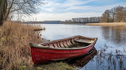 Obraz premium Red Rowboat on Lakeside, Tranquil Scenery. Concept of peace, serenity, and nature.