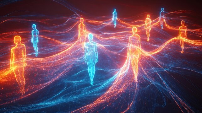 Abstract digital art depicting interconnected glowing human figures in a flowing energy field.