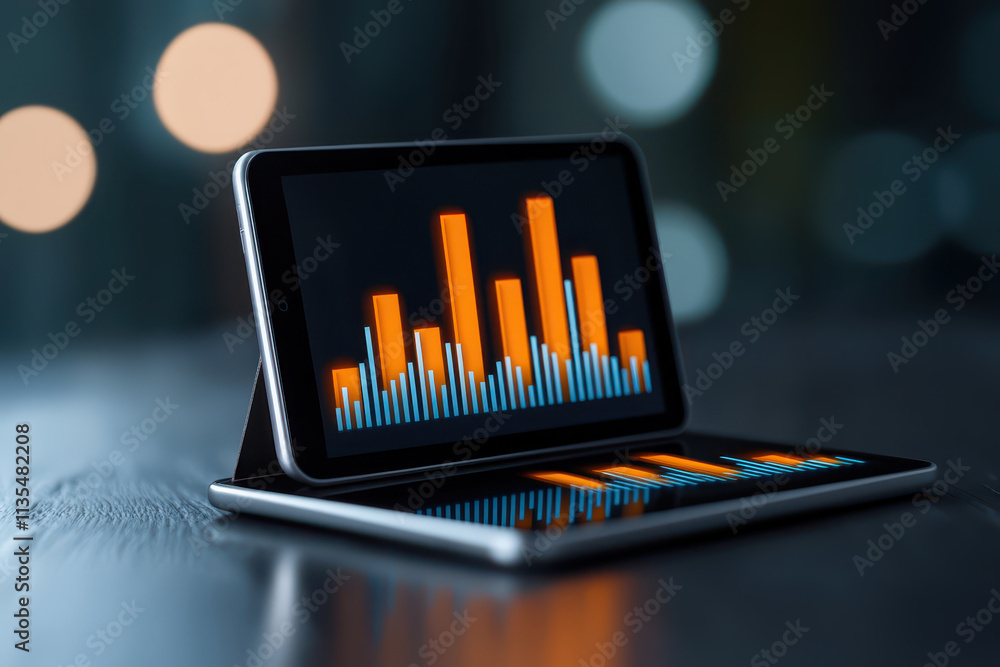 Poster tablet displaying colorful data visualizations on dark surface, showcasing marketing strategies and 