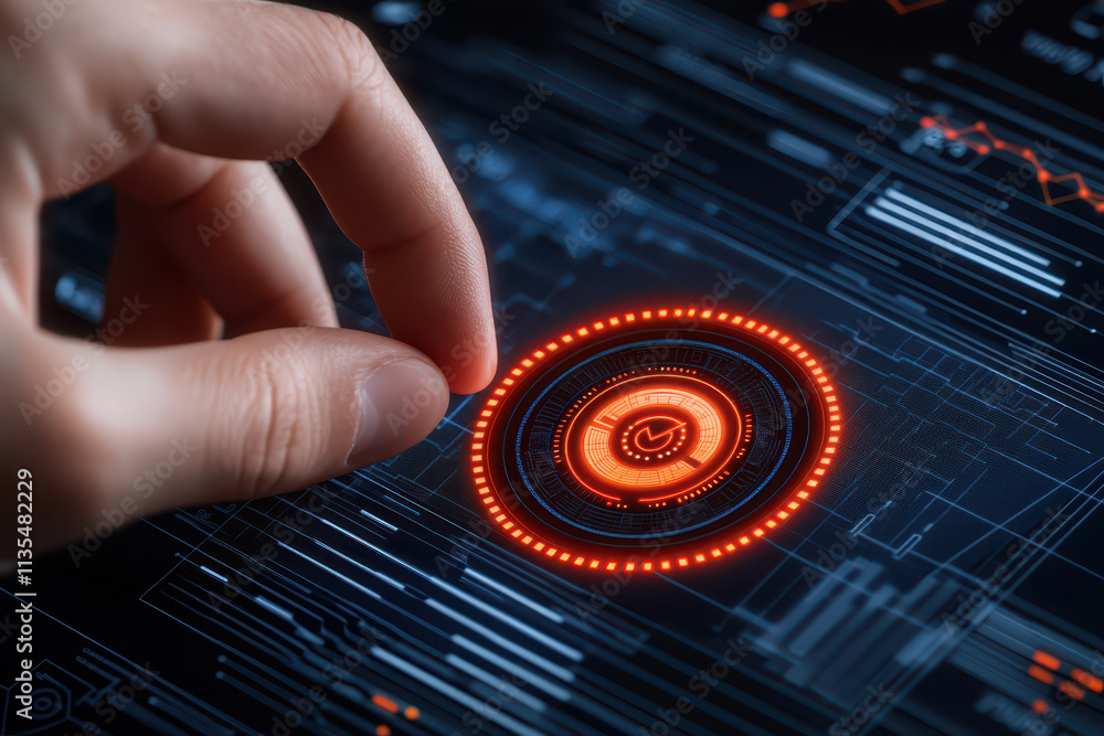 Poster close up of hand interacting with futuristic digital interface, showcasing advanced technology and d