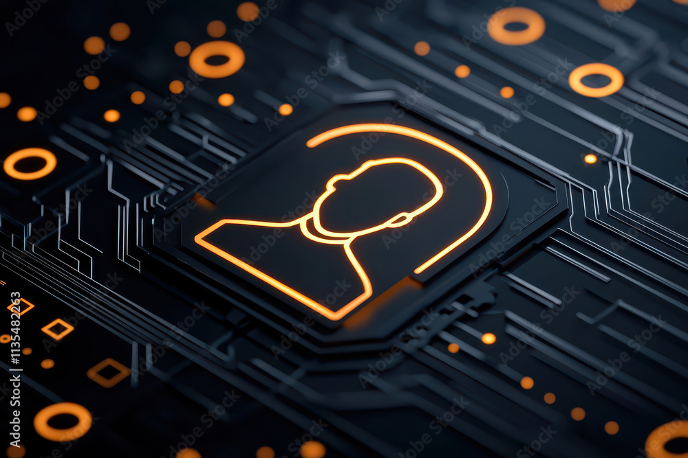 Poster digital circuit board with glowing user icon, symbolizing technology and connectivity