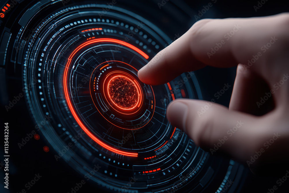 Poster close up of hand interacting with high tech interface featuring glowing red elements and intricate d