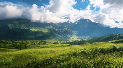 Obraz premium Majestic Mountain Valley Landscape. Scenic View of Green Meadow and Peaks.