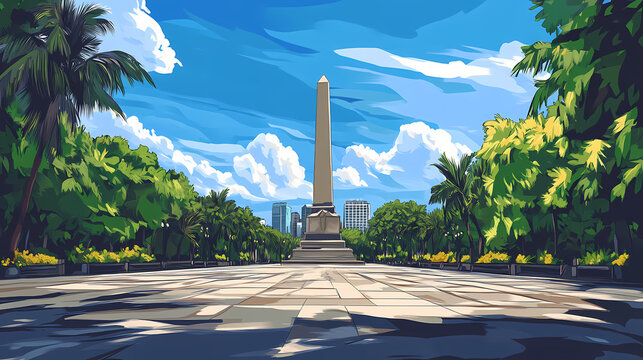 Wide-angle shot of the jose rizal monument in rizal park, manila, with clear skies and the iconic obelisk and statue standing tall against the backdrop of lush greenery. Obelisk. Illustration