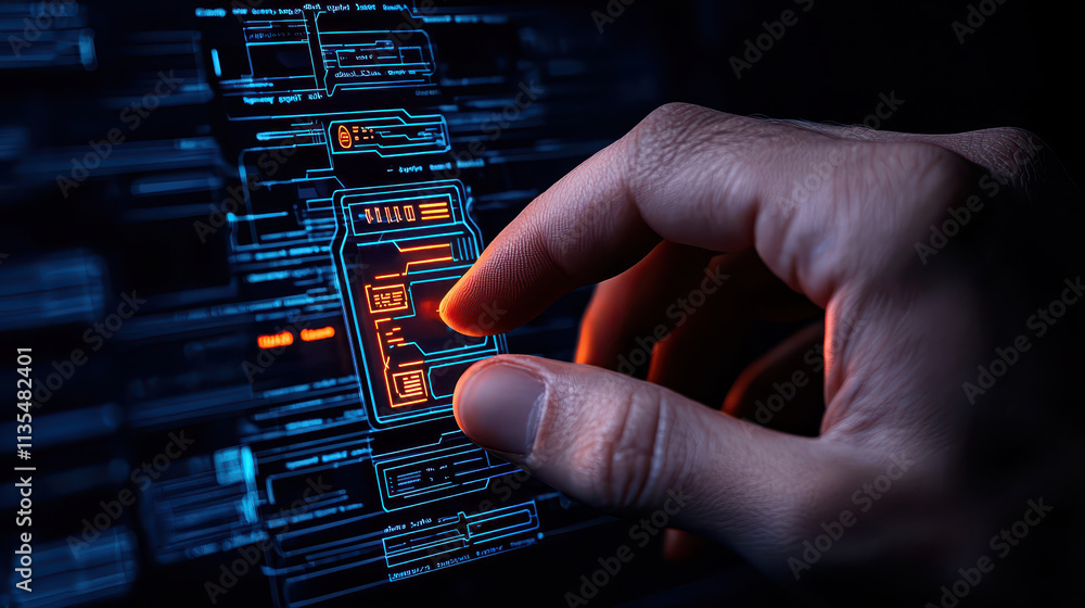 Poster close up of hand interacting with high tech interface, showcasing vibrant tones and intricate design