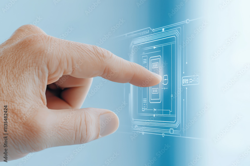 Poster close up of hand interacting with digital interface, showcasing technology and innovation. image con