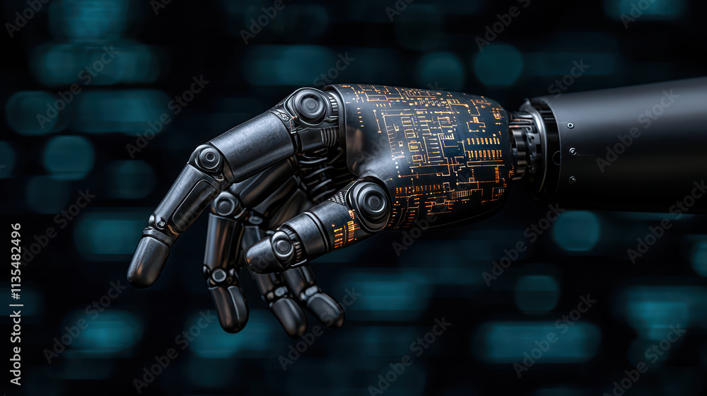 Poster close up of high tech robotic hand with intricate circuitry design, showcasing advanced technology a