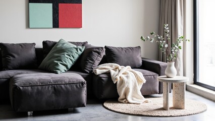 Generative AI, Modern close-up of a velvet sofa with geometric art and minimalist decor