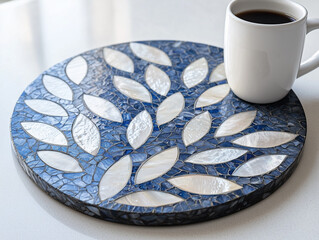 Round Mosaic Coaster with Blue and White Leaf Design