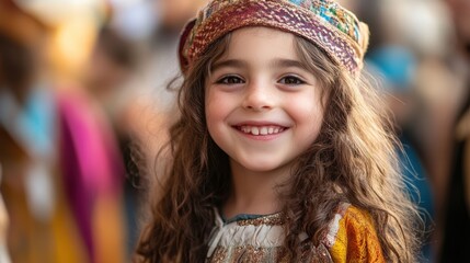 Fototapeta premium A cheerful young child with curly hair wearing traditional ornate clothing and a colorful headdress, smiling brightly in a lively cultural gathering.