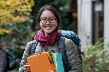 A happy and confident student carrying her backpack and course books, smiling brightly in an outdoor campus setting