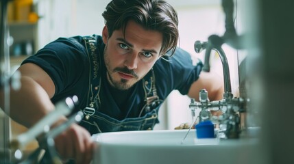 Professional plumber skillfully working on bathroom pipes with tools in a clean, well lit space
