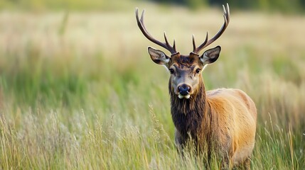 Fototapeta premium Majestic Red Deer Stag in Meadow. Wildlife, Nature, Animal