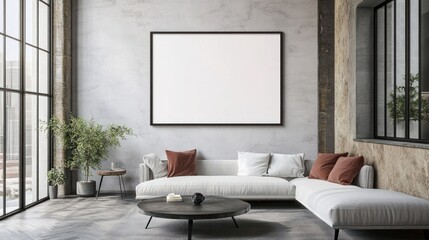 Modern Loft Apartment Interior Design with Large Blank Canvas, Cozy Sectional Sofa, and Industrial Chic Accents