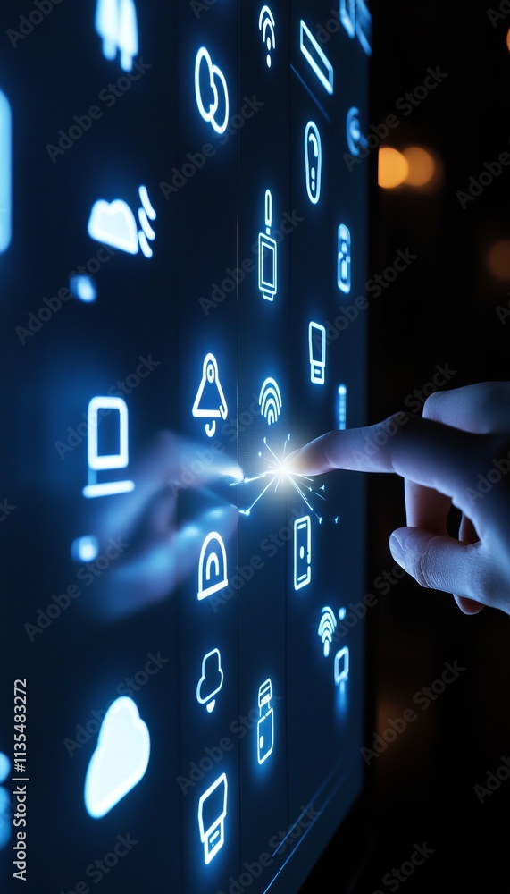 Aufkleber exploring smart home technology interactive touch screen with illuminated device icons in dark blue