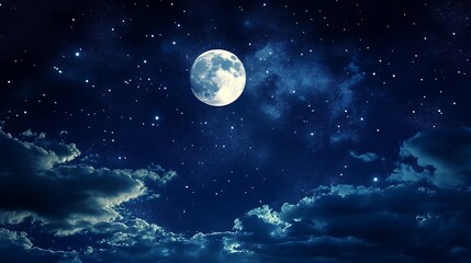 Full moon night sky with stars and clouds. Concept of serenity, wonder, and the cosmos.