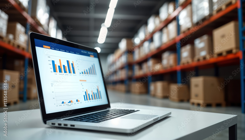 Poster Laptop on desk shows inventory management software. Warehouse background shows organized storage. Modern tech used for inventory tracking in logistics. Business efficiency concept. Remote work
