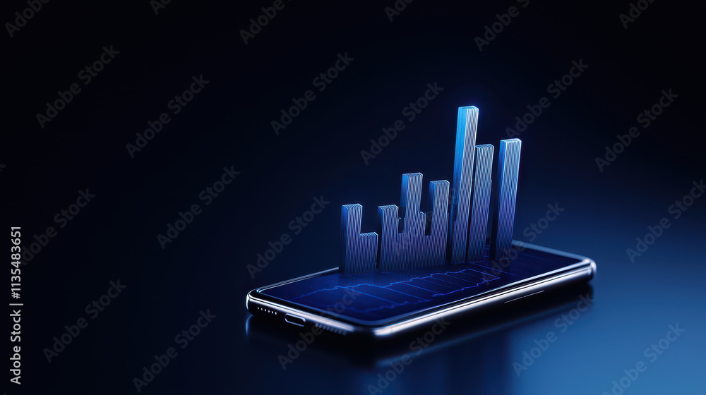 Poster futuristic smartphone displaying 3d graph with blue bars, symbolizing data analysis and technology