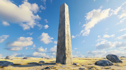 Majestic tall stone obelisk standing proudly against a clear blue sky, showcasing textured surfaces and ancient craftsmanship in a serene outdoor setting. Obelisk. Illustration