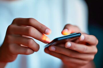 A close-up of a person using a smartphone, showing glowing fingers as they type, highlighting modern technology and connection in a digital age.