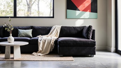 Generative AI, Modern close-up of a velvet sofa with geometric art and minimalist decor