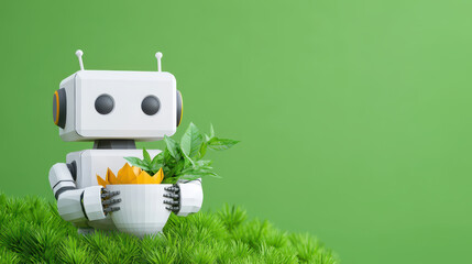 Fototapeta premium friendly robot holding plant in pot, surrounded by greenery, symbolizes nature and technology
