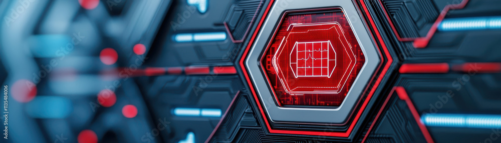 Poster high tech close up of futuristic circuit board with glowing elements, showcasing red hexagonal desig