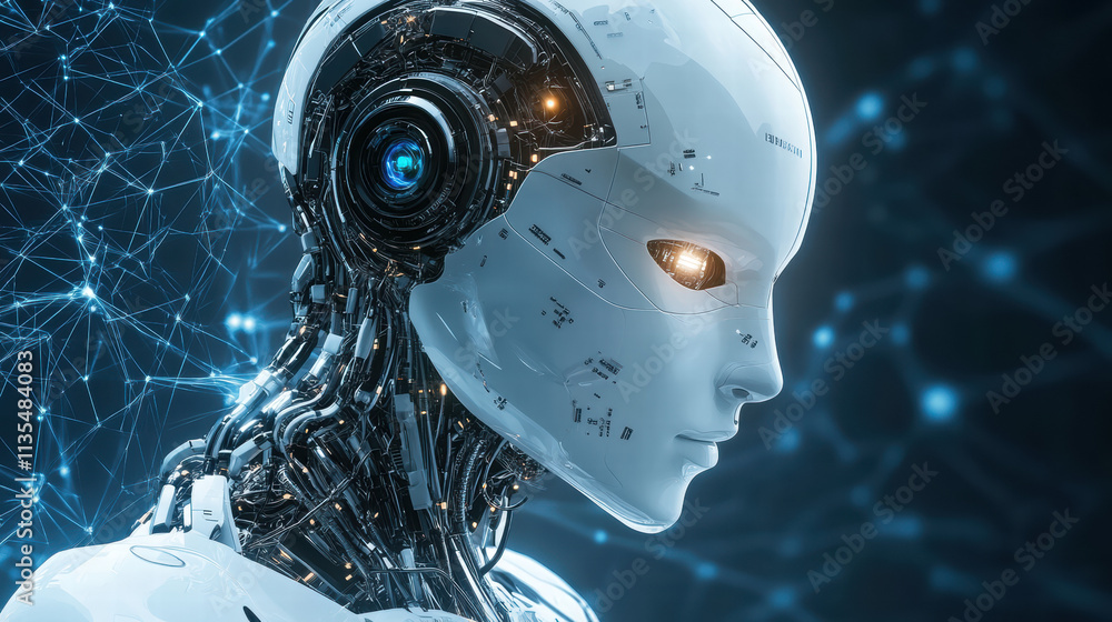 Poster a futuristic robot head with glowing eyes and circuitry on the side, looking to its right in profile