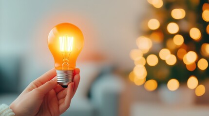 A glowing lightbulb held by a hand, with warm ambient lighting and blurred festive lights in the background, symbolizing energy efficiency and conservation during Energy Saving Week.