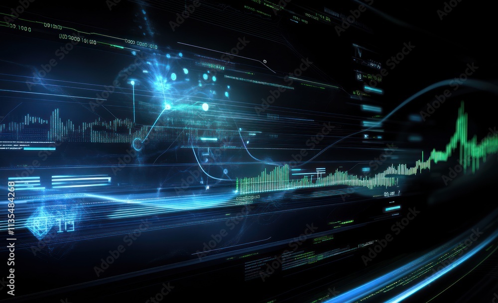 Poster Abstract tech display with graphs, flowing lines, and blue glows.