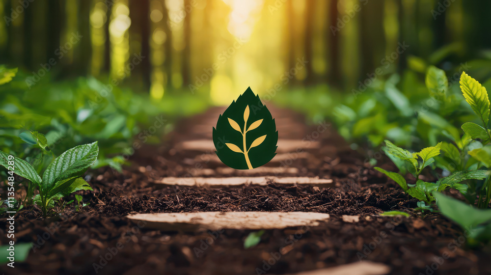 Poster serene forest path with green leaves and sunlight filtering through trees