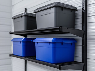 Plastic Storage Bins on Black Metal Shelving Unit