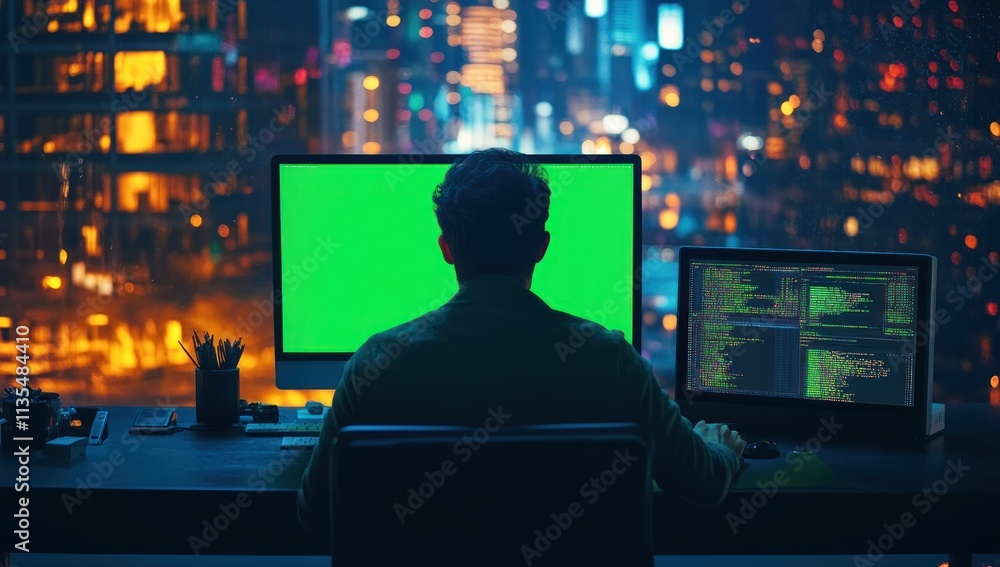 Aufkleber man coding at desk with green screen at night with city lights.