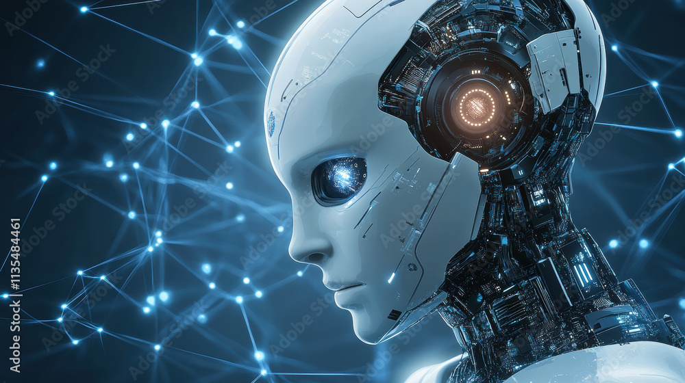 Poster a futuristic robot head with glowing eyes and circuitry on the side, looking to its right in profile
