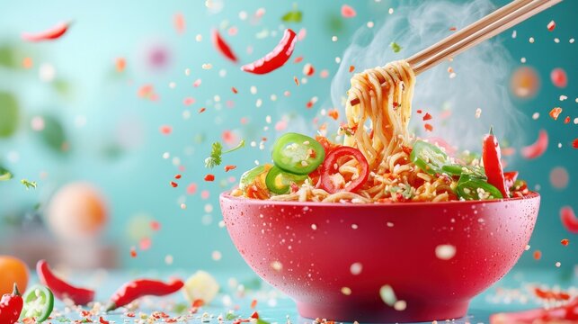 A steaming bowl of spicy noodles garnished with red chili peppers, jalapeños, green onions, and cilantro, representing International Hot and Spicy Food Day.