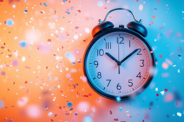 A sleek modern clock striking midnight, surrounded by delicate confetti and soft sparkles against a gradient background
