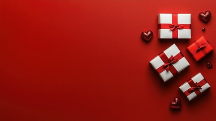 Obraz premium Romantic Gift Trio on Vibrant Red Background with Heart Shaped Decorations