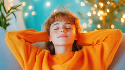 A serene young person relaxing on a couch with closed eyes, wearing a cozy orange sweater, enjoying peaceful moments on National Nothing Day.