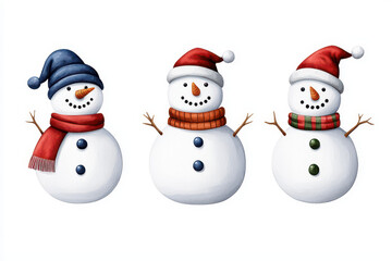 Snowmen wearing colorful hats and scarves, cheerful winter decorations