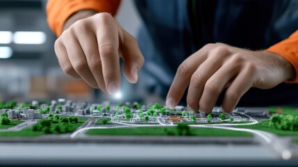 Fototapeta premium Hands interacting with a 3D city model.