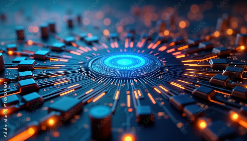Poster Futuristic abstract circuit board design with glowing blue, orange lights. Complex network pattern. Tech, digital background. Modern design for tech innovation themes. High tech concept. Cybernetic