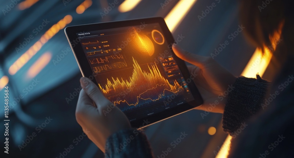 Poster Person holds tablet with graphs, data analysis in dark illuminated space.
