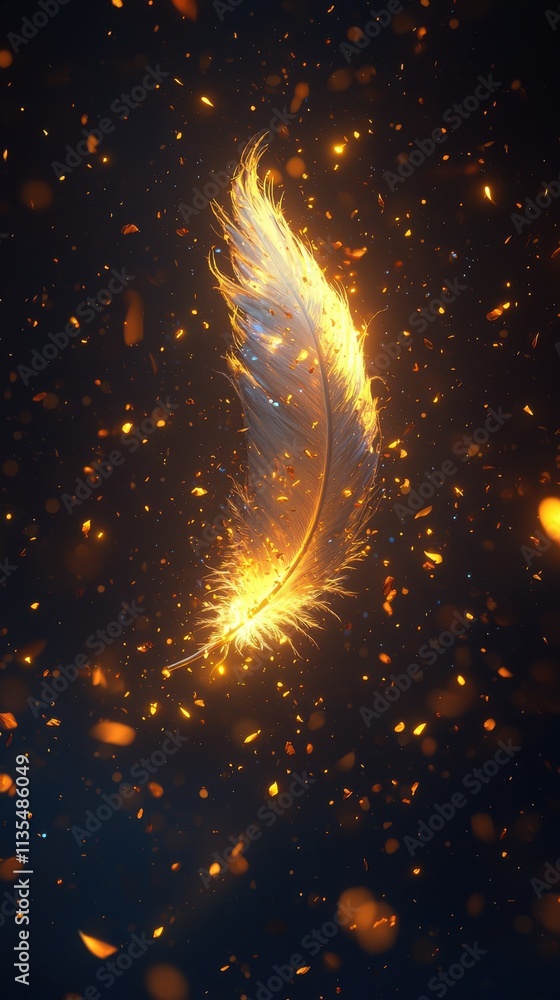 Poster inspiring transformation a feather floating upward in a cosmic environment abstract art perspective 
