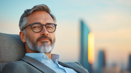 Plakat Confident businessman with glasses enjoying sunset view in modern city