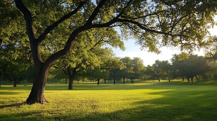 Obraz premium Peaceful park landscape with trees and sunlight. Concept of nature, tranquility, and serenity.