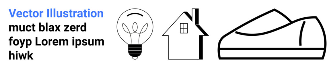 Light bulb, house with a chimney, and casual shoe icons in black outline. Placeholder text beside icons. Ideal for energy concepts, home themes, footwear, minimalistic design, presentations, web