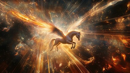 Fototapeta premium A majestic pegasus soars through a vibrant cosmic explosion, its wings ablaze with golden light.