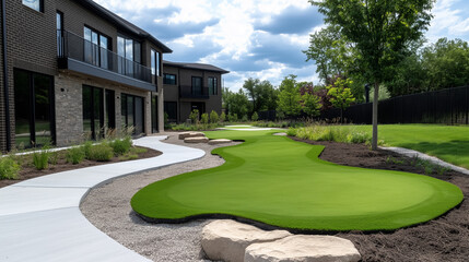 Putting Green and Walkway Adjacent to Modern Building