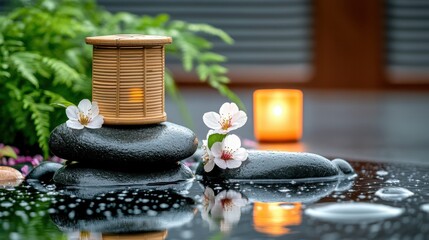 Tranquil zen garden scene with bamboo lantern, stones, flowers, and candlelight reflection in water.