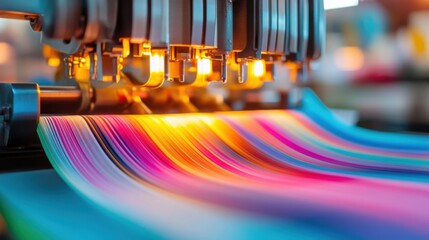 Close-up of an industrial printing machine producing vibrant, multicolored prints in a modern factory setting.